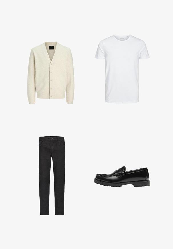 Lys beige cardigan lavet af blødt strikket stof, med V-hals, lange ærmer og seks knaplukninger med teksturerede detaljer.; Rundhals kortærmet t-shirt i ensfarvet hvid, lavet af blød bomuld, har et simpelt design uden synlige mønstre eller detaljer.; Sorte denim jeans med lige ben. Funktioner inkluderer fem lommer, knaplukning og diskrete syninger langs sømmene.; Sort læderloafer med en kraftig gummisål og klassiske penny-strap detaljer, vist fra ydersiden.