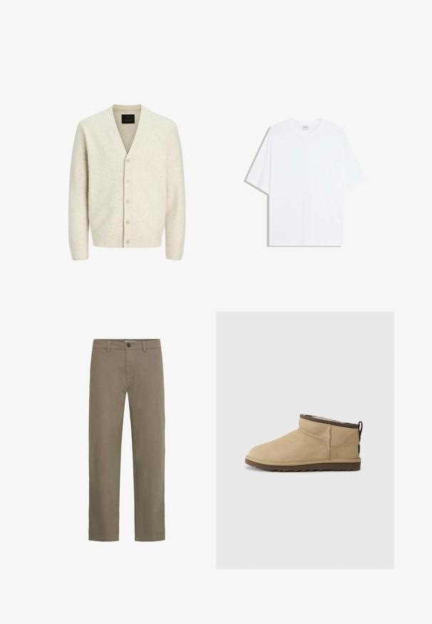 Cardigan beige clair en tricot doux, avec un col en V, des manches longues et une fermeture à six boutons avec des détails texturés.; T-shirt oversize en coton blanc avec un col rond et des manches courtes ; texture lisse, sans motifs ni accents visibles.; Chinos kaki en coton. Dotés d'une coupe droite, de poches avant, d'une poche arrière unique et d'une fermeture par bouton à la taille.; Bottine beige en daim avec un bout rond, dotée d'un accent marron en haut. Doublure intérieure douce et semelle en caoutchouc texturée.