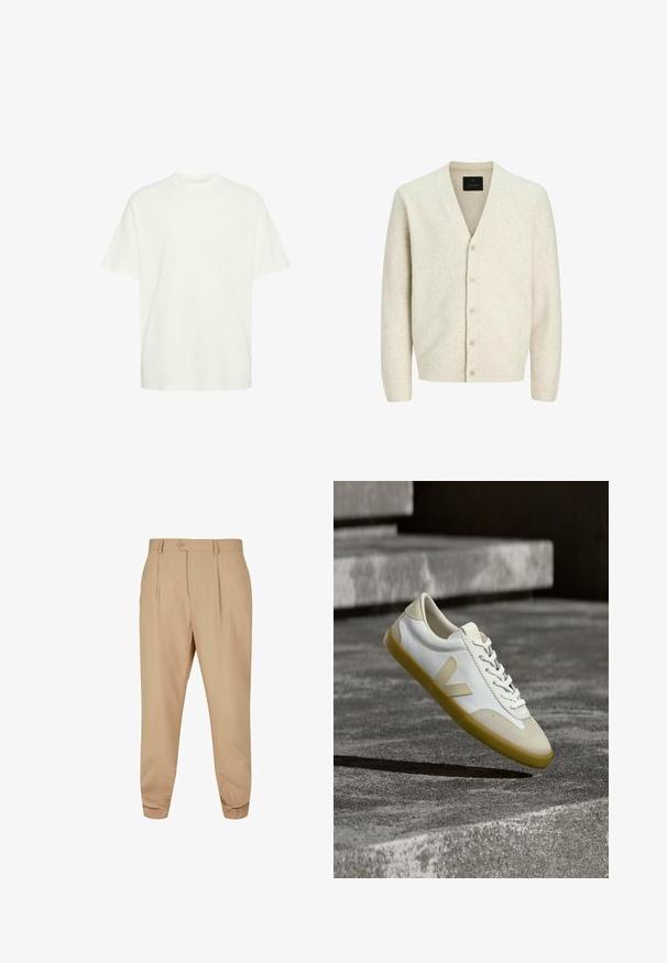 Lichtbeige cardigan gemaakt van zachte gebreide stof, met een V-hals, lange mouwen en een sluiting met zes knopen met tekstuurdetails.; Witte katoenen t-shirt met een losse pasvorm, ronde hals, korte mouwen en een vlakke zoom, met een gladde textuur en geen zichtbare patronen.; Beige op maat gemaakte broeken met plooi, knoopsluiting, riemlussen en taps toelopende benen tegen een witte achtergrond.; Witte sneaker met beige accenten, voorzien van een gestructureerde neuskap, een glad bovenwerk en een rubberen zool. Vetersluiting met een onderscheidend logo.