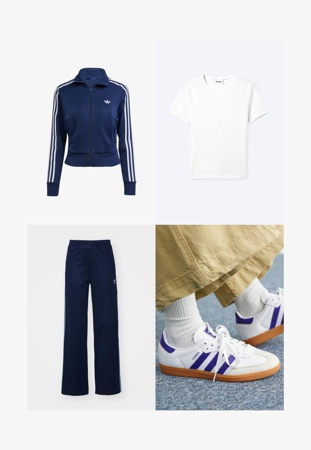 Marineblauwe jas met rits, gemaakt van gestructureerde stof. Voorzien van witte strepen langs de mouwen en een klein logo op de borst. Strak aansluitend ontwerp.; Effen wit T-shirt met korte mouwen en ronde hals met een klein "WEEKDAY" label aan de binnenkant van de hals, plat neergelegd op een lichte achtergrond.; Marineblauwe katoenen joggingsbroek met een brede pijpdesign, elastische tailleband en ritszakken, voorzien van witte zijstrepen en logo-detail.; Witte sneaker met paarse strepen en accenten, voorzien van een gestructureerde gumzool en vetersluiting, gedragen met witte geribde sokken.
