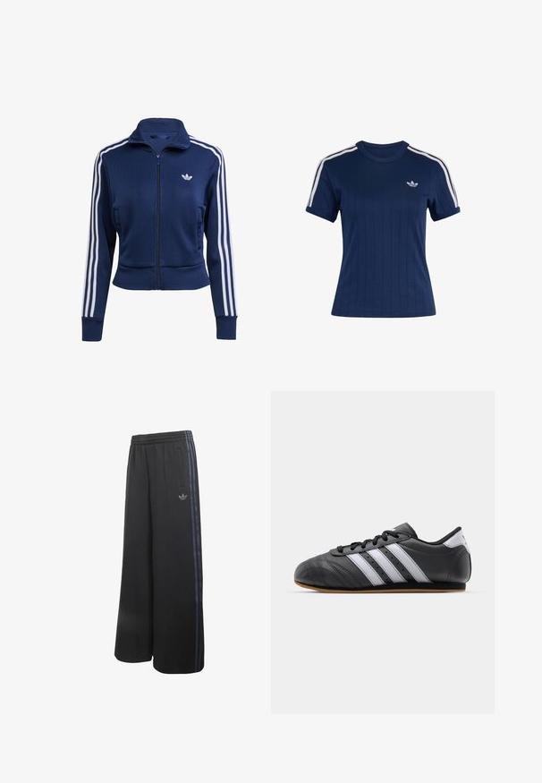 Marineblaue Jacke mit Reißverschluss aus strukturiertem Stoff. Verfügt über weiße Streifen entlang der Ärmel und ein kleines Logo auf der Brust. Eng anliegendes Design.; Marineblaues kurzärmliges Sportshirt mit weißen dreifachen Streifen auf den Schultern und kleinem weißem Adidas-Trefoil-Logo auf der Brust.; Schwarze weit geschnittene Hose mit elastischem Bund, seitlichen Taschen und drei dunkelblauen Streifen an den Seiten mit Adidas-Logo an einem Bein.; Schwarzer Sportschuh aus Leder mit weißen Streifen, runder Spitze, flacher Sohle und Schnürverschluss. Besitzt Perforationen für Atmungsaktivität.