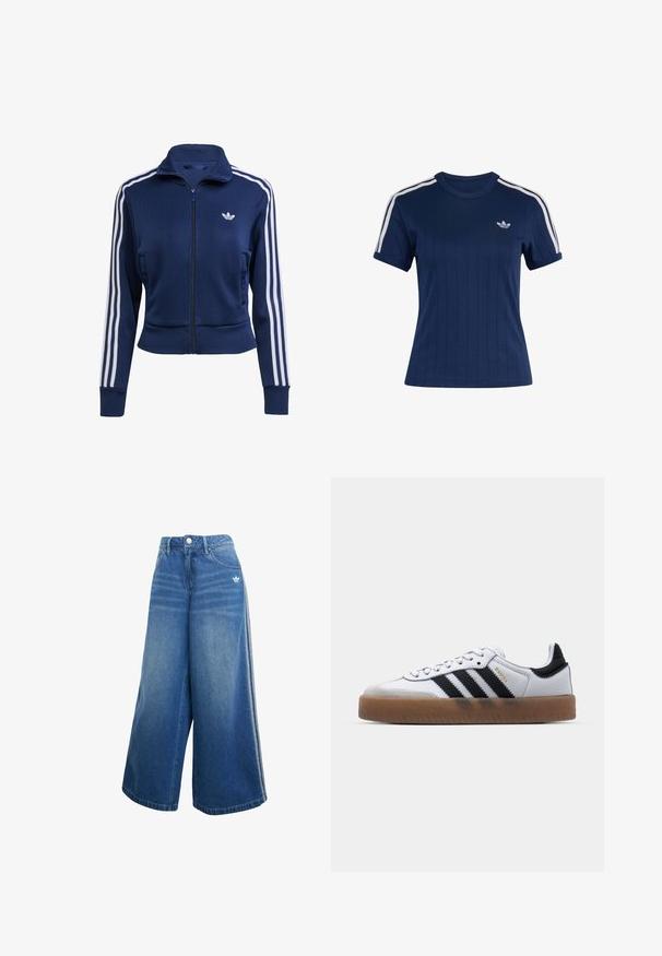Veste zippée bleu marine en tissu texturé. Présente des rayures blanches le long des manches et un petit logo sur la poitrine. Coupe près du corps.; T-shirt de sport bleu marine à manches courtes avec trois bandes blanches sur les épaules et petit logo Adidas trefoil blanc sur la poitrine.; Jeans en denim à jambes larges de couleur bleu moyen, dotés d'une taille haute, de détails de couture subtils et d'un petit logo blanc à l'avant.; Baskets en cuir blanc avec des rayures noires, semelle extérieure en caoutchouc beige, bout rond, fermeture lacée et embout en suède gris doux.