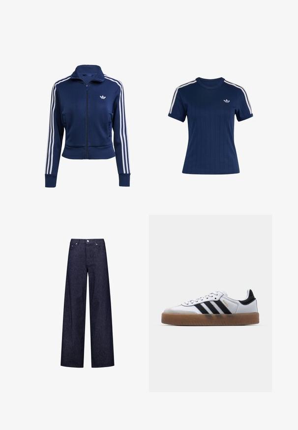 Marineblaue Jacke mit Reißverschluss aus strukturiertem Stoff. Verfügt über weiße Streifen entlang der Ärmel und ein kleines Logo auf der Brust. Eng anliegendes Design.; Marineblaues kurzärmliges Sportshirt mit weißen dreifachen Streifen auf den Schultern und kleinem weißem Adidas-Trefoil-Logo auf der Brust.; Weite Jeanshose mit einem dunkelblauen und weißen vertikalen Streifenmuster, ausgestattet mit zwei Fronttaschen und einem klassischen Knopfverschluss.; Weiße Leder Sneakers mit schwarzen Streifen, Gummigummi-Außensohle, runder Zehenform, Schnürverschluss und weichem grauem Wildleder-Zehenkappe.