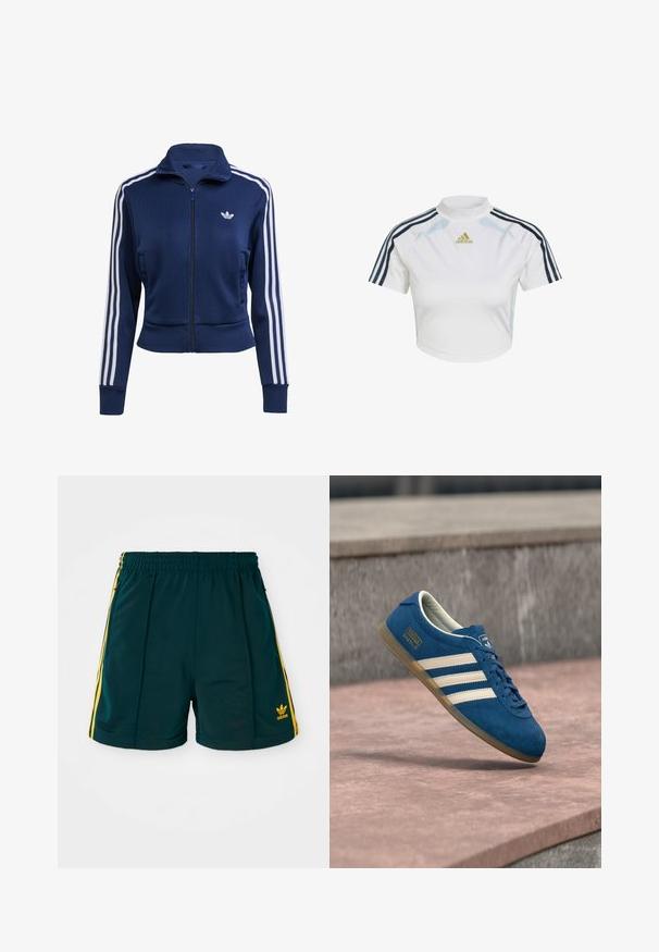 Marineblå lynlåstrøje lavet af struktureret stof. Har hvide striber langs ærmerne og en lille logo på brystet. Tætsiddende design.; Hvid cropped sportstop med korte ærmer, med marineblå striber og høj krave. Guld "Adidas" logo på fronten.; Mørkegrønne sportsshorts med elastisk talje, prydet med gule sidelister og et broderet gult logo på underbenet.; Blå ruskindsneaker med cremefarvede striber og snørebånd, sål af gummiridse, tekstureret overflade, rundet tå og mærkning på siden.