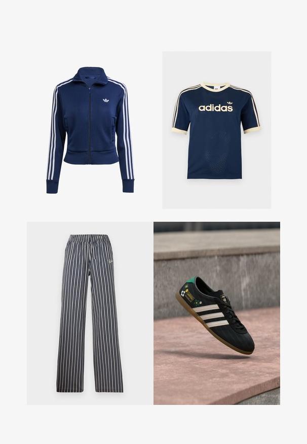 Marineblå lynlåstrøje lavet af struktureret stof. Har hvide striber langs ærmerne og en lille logo på brystet. Tætsiddende design.; Adidas mørkeblå mesh t-shirt med korte ærmer med cremefarvet kant, tre cremefarvede striber på ærmerne og Adidas-logo på brystet.; Marine- og hvide stribede bukser med elastisk talje, brede ben og broderet logo detaljeret på venstre hofte.; Sort atletiksko med hvide striber, mønstret overdel med blomsterdetaljer og en grøn hæl. Gummisål, der giver godt greb.