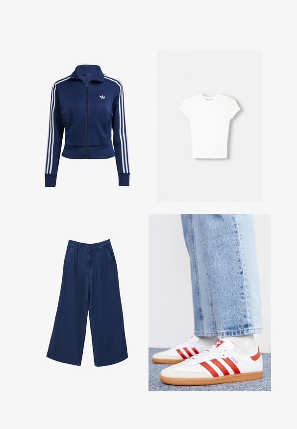 Marineblaue Jacke mit Reißverschluss aus strukturiertem Stoff. Verfügt über weiße Streifen entlang der Ärmel und ein kleines Logo auf der Brust. Eng anliegendes Design.; Weißes kurzärmliges T-Shirt aus weicher Baumwolle, mit Rundhalsausschnitt und figurbetonter Form. Keine sichtbaren Muster oder Verzierungen.; Weite Jeanshose in Dunkelblau. Sie verfügt über zwei Fronttaschen, einen Knopfverschluss und hat eine glatte Textur mit einem leichten Stoff.; Weiße Leder Sneaker mit roten Streifen und Akzenten. Verfügt über eine strukturierte Gummi-Laufsohle und einen gepolsterten Schaft. Tragen mit hellblauer Jeans.