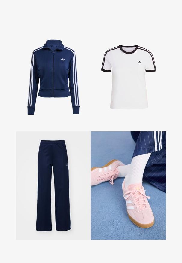 Veste zippée bleu marine en tissu texturé. Présente des rayures blanches le long des manches et un petit logo sur la poitrine. Coupe près du corps.; T-shirt blanc à manches courtes avec des accents noirs, dotée d'un col rond et de trois bandes noires sur chaque épaule. Petit logo noir sur la poitrine.; Pantalons de survêtement en mélange de coton bleu marine avec un design à jambes larges, taille élastique et poches zippées, présentant des bandes latérales blanches et un détail de logo.; Des sneakers en daim rose clair avec des rayures et des lacets blancs, dotés d'une languette texturée et d'une semelle en gomme, posées sur un tapis bleu.