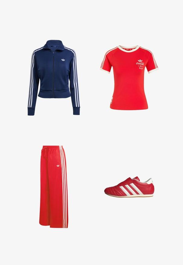Marineblå lynlåstrøje lavet af struktureret stof. Har hvide striber langs ærmerne og en lille logo på brystet. Tætsiddende design.; Rød Adidas T-shirt med korte ærmer, hvide striber på ærmerne, hvid krave og Coca-Cola-logo med teksten "Ice Cold" på brystet.; Røde træningsbukser lavet af let materiale, med bred benudformning, elastisk talje, snøre og tre hvide striber på hver side.; Røde lædersportssko med rund tå, tekstureret overdel, hvide sidestræks og Velcro-strap. Flad gummisål for godt greb.