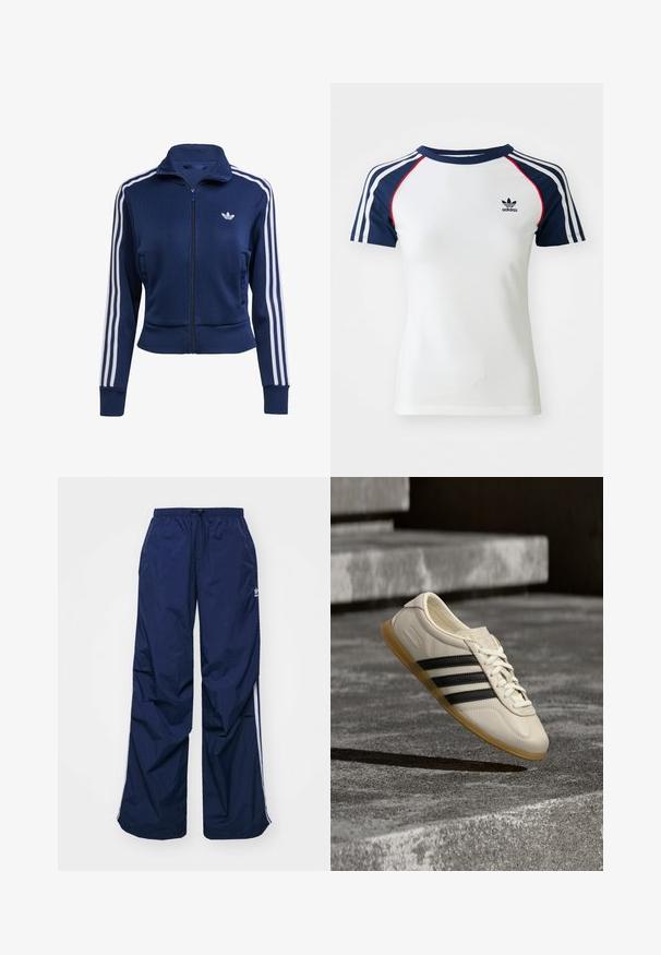 Chaqueta azul marino con cremallera hecha de tela texturizada. Presenta rayas blancas a lo largo de las mangas y un pequeño logo en el pecho. Diseño ajustado.; Camiseta de algodón blanca con mangas raglán azul marino, que presenta tres franjas blancas y un pequeño logo de Adidas negro en el pecho. Acentos rojos.; Pantalones de color azul marino, ligeros, con cintura elástica y cordón ajustable, con franjas blancas laterales y un pequeño logo en la parte delantera. Diseño de corte holgado.; Zapatilla blanca con rayas negras y suela de goma suspendida sobre escaleras de hormigón en luz diurna suave.