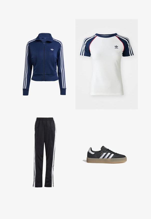 Chaqueta azul marino con cremallera hecha de tela texturizada. Presenta rayas blancas a lo largo de las mangas y un pequeño logo en el pecho. Diseño ajustado.; Camiseta de algodón blanca con mangas raglán azul marino, que presenta tres franjas blancas y un pequeño logo de Adidas negro en el pecho. Acentos rojos.; Pantalones deportivos negros con rayas laterales blancas, cintura elástica y parche con logo. Fabricados con una tela suave y ligera. Diseño de pierna recta.; Zapatilla deportiva de cuero negro con tres rayas plateadas, punta texturizada y suela de goma. Cuenta con un collar acolchado y un diseño con cordones.