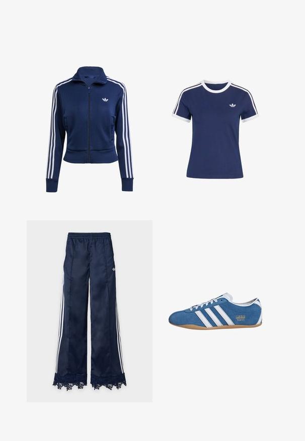 Marineblå lynlåstrøje lavet af struktureret stof. Har hvide striber langs ærmerne og en lille logo på brystet. Tætsiddende design.; Navyblå Adidas T-shirt med hvid rund halsudskæring, hvide ærmekanter, tre hvide striber på skuldrene og Adidas trefoil-logo på brystet.; Marineblå vidbenede træningsbukser med hvide sidelommer, elastisk talje, adidas-logo på hoften og blondedetalje ved kanten.; Blå ruskinds sneakers med hvide læderstriber, med rund tå, gummisål og guld "adidas TOKYO" branding på siden.