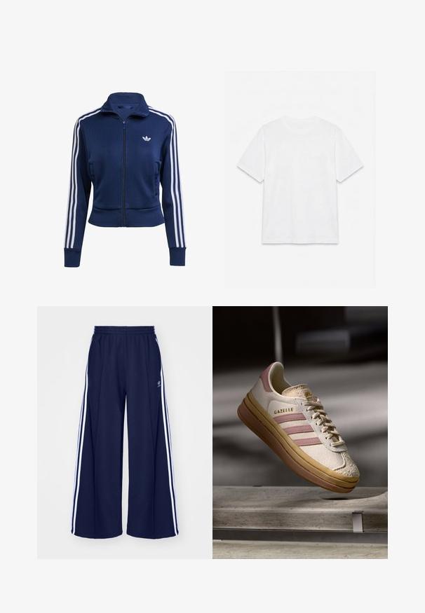 Marineblauwe jas met rits, gemaakt van gestructureerde stof. Voorzien van witte strepen langs de mouwen en een klein logo op de borst. Strak aansluitend ontwerp.; Effend wit T-shirt met korte mouwen en ronde hals, plat gelegd op een witte achtergrond.; adidas Originals PANT - Trainingsbroek - night indigo; Witte suède sneakers met roze accenten, voorzien van drie strepen en een gouden logo. Textuur in de neuskap en een bruine rubberen zool. Klassiek ontwerp.