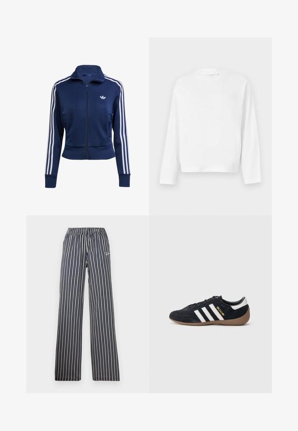 Chaqueta azul marino con cremallera hecha de tela texturizada. Presenta rayas blancas a lo largo de las mangas y un pequeño logo en el pecho. Diseño ajustado.; Gina Tricot Camiseta de manga larga - white; Pantalones a rayas en navy y blanco con cinturilla elástica, piernas amplias y detalle de logo bordado en la cadera izquierda delantera.; Zapatilla de ante negra con tres rayas blancas, suela de goma y un pequeño logo dorado en el lateral. Cuenta con un forro interior negro liso.
