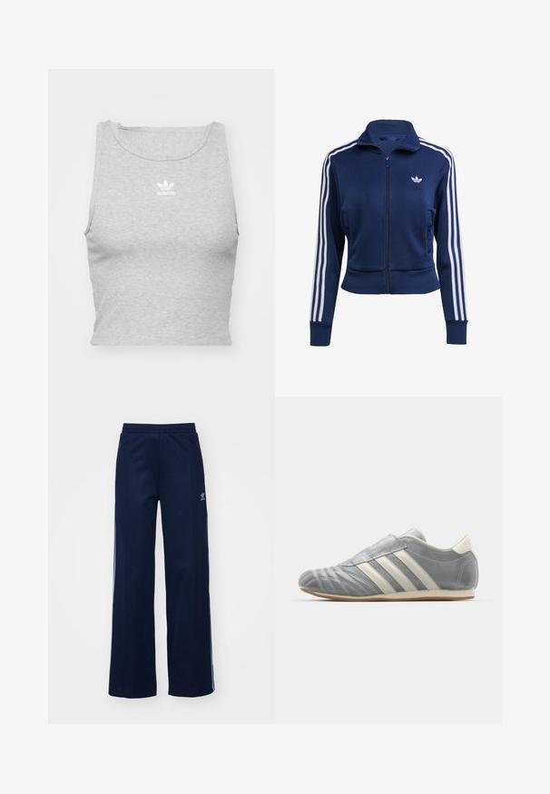 Laivastonsininen vetoketjullinen takki, valmistettu teksturoidusta kankaasta. Hihansuissa valkoiset raidat ja pieni logo rinnassa. Tiukka istuvuus.; Harmaa, hihaton crop top, joka on valmistettu pehmeästä kankaasta. Siinä on pyöreä kaula-aukko ja pieni valkoinen Adidas-logo rinnassa.; Meripihkala cotton-sekoitekankaisen urheiluhousut leveällä lahkeella, joustava vyötärö ja vetoketjulliset taskut. Housuissa on valkoiset sivuraidat ja logo-yksityiskohta.; adidas Originals TAEKWONDO W - Matalavartiset tennarit - silver metallic/off white