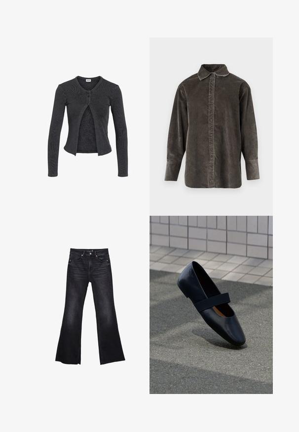Cardigan court noir à manches longues avec encolure ronde et deux boutons, en tissu maille texturé, légèrement ouvert en dessous du bouton supérieur.; Chemise à manches longues en velours côtelé gris foncé, dotée d'une patte de boutonnage à l'avant, d'un col classique et d'une coupe décontractée avec des fentes latérales pour faciliter les mouvements.; Jean noir évasé en denim avec une texture légèrement délavée. Comprend des poches avant, une fermeture éclair et des accents de couture visibles.; Chaussure plate en cuir noir avec un bout arrondi, dotée d'une douce sangle élastique noire sur le cou-de-pied. Texture lisse et design minimaliste.