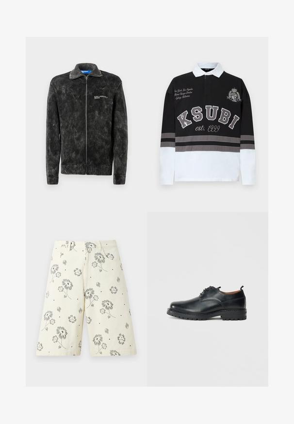 Veste en velours côtelé noir avec une texture côtelée, col montant et fermeture éclair à l'avant ; présente le logo 'Karl Lagerfeld Jeans' sur la poitrine.; Polo manches longues noir et blanc avec col, arborant un logo de marque brodé, des rayures et des noms de villes en accents gris et blanc.; Shorts crème longueur genou avec imprimé floral noir, poches avant, passants de ceinture et fermeture à glissière.; Chaussures derby en cuir noir avec une texture lisse, bout rond, design à lacets et une semelle en caoutchouc épaisse et robuste.