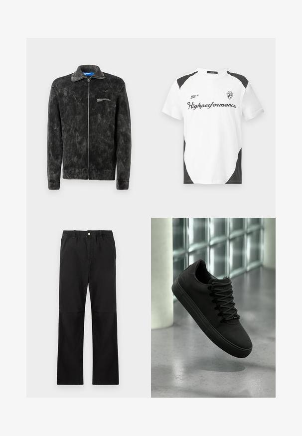 Chaqueta de pana negra con textura acanalada, cuello alzado y cremallera en el frente; presenta el logo de 'Karl Lagerfeld Jeans' en el pecho.; Camiseta blanca de manga corta con acentos negros. Lleva el logo "REPLAY FC" y el texto "Highperformance" en una fuente deportiva. Fabricada con un material suave.; Pantalones negros de algodón con una cintura elástica, que cuentan con un diseño de pierna recta, textura suave y sin acentos ni patrones visibles.; Zapatilla negra mate con suela gruesa y cordones negros flotando sobre un piso gris liso, con una pared de ladrillos de vidrio y columna blanca de fondo.