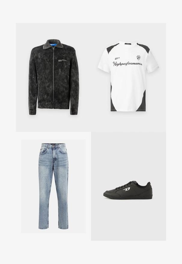 Zwarte corduroyjas met geribbeld textuur, opstaande kraag en voorrits; met het 'Karl Lagerfeld Jeans' logo op de borst.; Witte T-shirt met korte mouwen en zwarte accenten. Bevat het logo "REPLAY FC" en de tekst "Highperformance" in een sportieve lettertype. Gemaakt van een glad materiaal.; Lichtblauwe denim hoge taille jeans met een rechte pijp, vijf zakken en een knoopsluiting. Heeft subtiele vervaging en stikseldetails.; Zwarte sneakers van synthetisch materiaal met een geribbelde zwarte zool, ronde neus en vlakke zwarte veters. Opvallend wit logomerk aan de buitenzijde.