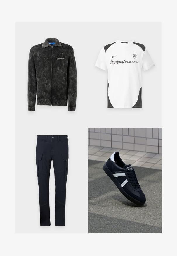 Sort fløjljakke med ribbet tekstur, stående krave og frontlynlås; har 'Karl Lagerfeld Jeans' logo på brystet.; Hvid kortærmet t-shirt med sorte accenter. Har "REPLAY FC" logoet og "Highperformance" teksten i en sporty skrift. Lavet af et glat materiale.; Cargo bukser i mørk navy stof med flere lommer, herunder sidelommer, og synlige syninger. Slim-fit design.; Sort lædersneaker med hvide striber, tekstureret gummisål og snørrebånd foran. Har et brandet mærke på tungen.
