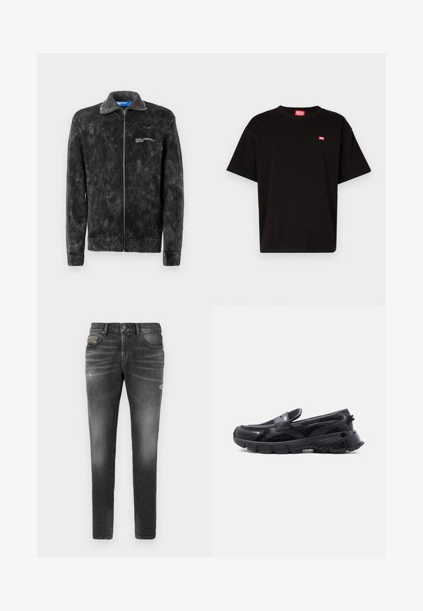 Musta corduroy-takki, jossa on ribatoitu pinta, seisova kaulus ja etuvetoketju; rinnassa 'Karl Lagerfeld Jeans' -logo.; Musta puuvillapaita, jossa on pyöreä pääntie, lyhyet hihat ja pieni punainen Diesel-logo rinnassa. Suora helma, minimalistinen muotoilu.; Harmaat farkut slim-fit -leikkauksella, joissa on hieman kulutettuja yksityiskohtia, repeytyneitä kohtia ja perinteinen napitus.; Musta liukusäädettävä tennari paksulla teksturoidulla pohjalla ja verkkopaneeleilla, suunniteltu rentoon ja urheilulliseen käyttöön.