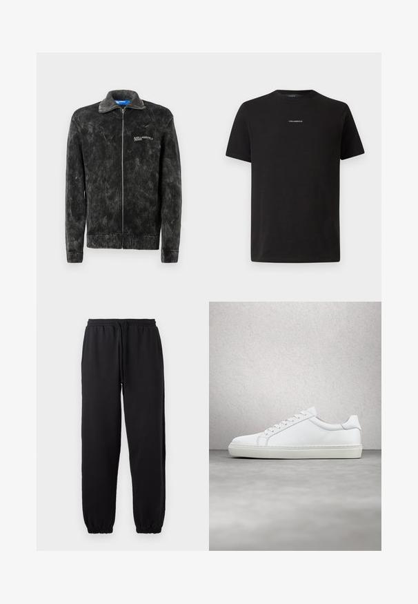 Sort fløjljakke med ribbet tekstur, stående krave og frontlynlås; har 'Karl Lagerfeld Jeans' logo på brystet.; Sort bomulds T-shirt med rund halsudskæring, korte ærmer og et lille hvidt "KARL LAGERFELD" logo på brystet. Enkel design.; Sorte joggingbukser lavet af blødt stof, med elastisk talje og justerbar snor, samt manchetter ved bunden.; Hvide sneakers med en glat læderoverdel og lav profil. Har en rund tå, seks snørehuller og en tekstureret gummisål.