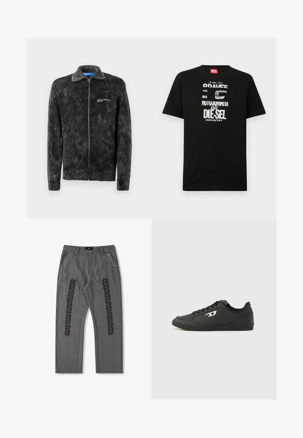 Veste en velours côtelé noir avec une texture côtelée, col montant et fermeture éclair à l'avant ; présente le logo 'Karl Lagerfeld Jeans' sur la poitrine.; T-shirt noir en coton avec des graphismes textuels blancs audacieux, incluant "DIESEL" et "INDUSTRY", avec un col rond et des manches courtes.; Pantalons à carreaux gris avec des détails en texte noir sur les côtés, présentant un accent de chaîne sur la taille. Conception à jambe droite, tissu texturé.; Baskets synthétiques noires avec une semelle noire texturée, un bout rond et des lacets plats noirs. Logo blanc remarquablement placé sur le côté extérieur.