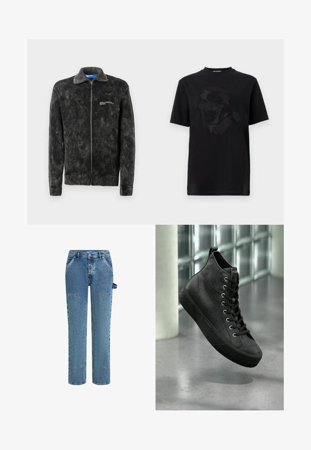 Chaqueta de pana negra con textura acanalada, cuello alzado y cremallera en el frente; presenta el logo de 'Karl Lagerfeld Jeans' en el pecho.; Camiseta negra de manga corta con gráfico en relieve de un hombre con gafas de sol y cuello alto, centrado en la parte delantera.; Jeans de mezclilla azul con un diseño de pierna recta, que cuentan con parches en contraste, dos bolsillos frontales y un detalle de lazo visible en el lado.; Zapatilla negra de caña alta con un patrón sutil de puntos, cordones negros y suela de goma, posicionada en el aire contra un fondo interior moderno.