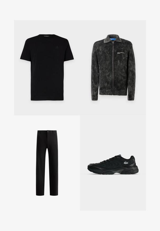 Schwarze Cordjacke mit gerippter Textur, Stehkragen und Frontreißverschluss; verfügt über das "Karl Lagerfeld Jeans"-Logo auf der Brust.; Schwarzes kurzärmliges T-Shirt aus Baumwolle mit Rundhalsausschnitt und einem dezent geprägten Logo auf der linken Brust. Glatte Textur.; Schwarze, maßgeschneiderte Hose mit flachem Vorderteil, geraden Beinen, einem Knopfverschluss und Gürtelschlaufen, aus einem glatten Stoff ohne sichtbare Muster.; Schwarzer Sportschuh mit geschwungenen Ziernähten und kleinem Krokodil-Logo an der Seite, von der Außenseite auf schlichtem Hintergrund gezeigt.