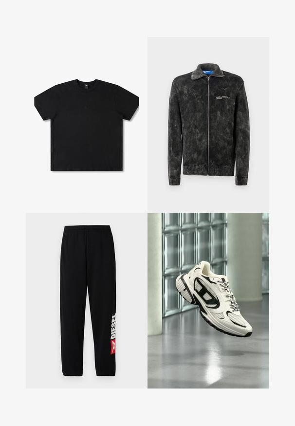 Schwarze Cordjacke mit gerippter Textur, Stehkragen und Frontreißverschluss; verfügt über das "Karl Lagerfeld Jeans"-Logo auf der Brust.; Schwarzes Kurzarm-T-Shirt aus Baumwolle mit Rundhalsausschnitt, ausgestattet mit einem dezenten Logo in der Mitte und einem entspannten Schnitt.; Schwarze Sweatpants mit elastischem Bund, ausgestattet mit einem großen weißen "DIESEL"-Logo und rotem Akzent am linken Bein. Weicher, glatter Stoff.; Weißer und schwarzer Sportschuh mit Mesh-Details und gemusterten Schnürsenkeln, schwebt mitten in der Luft in einem modernen Innenraum mit Glasbausteinen.