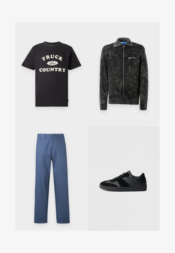 Chaqueta de pana negra con textura acanalada, cuello alzado y cremallera en el frente; presenta el logo de 'Karl Lagerfeld Jeans' en el pecho.; Camiseta de algodón negro de mangas cortas con el texto "TRUCK COUNTRY" en color crema y un diseño del logo de Ford en el centro.; Pantalones de algodón azules con corte recto, que presentan un cierre frontal con botones y cinco bolsillos. Textura suave, sin patrones visibles.; Zapatillas negras que combinan cuero liso y ante, con una suela de goma negra texturizada y un sutil detalle de rayas.