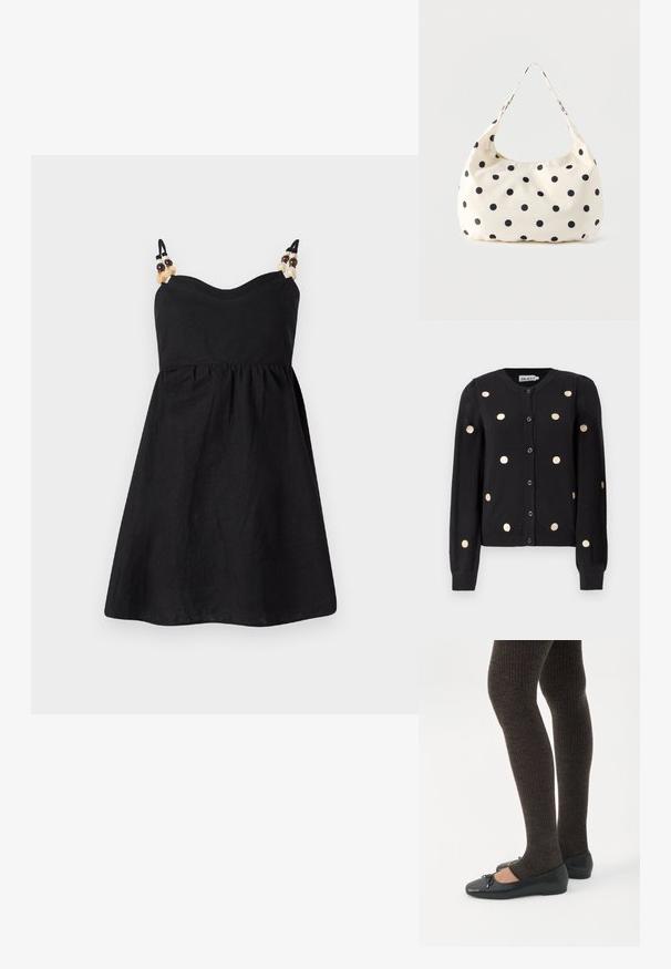 Sort, knaplukket cardigan med lange ærmer, der har jævnt fordelte store beige prikker samt ribbet manchetter og kant.; Sort linnedragt med en tætsiddende overdel og en udvidet nederdel. Slanke stropper prydet med dekorative perler på skuldrene. Glat tekstur.; Ben iført mørke ribbede leggings kombineret med sorte balletsko med små sløjfedetaljer på hvid baggrund.; Håndtaske i cremefarvet stof med sorte polkaprikker og en enkelt skulderrem, vist mod en ensfarvet hvid baggrund.
