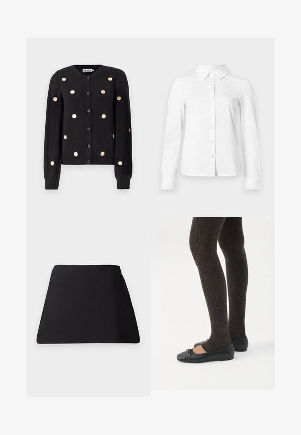 Sort, knaplukket cardigan med lange ærmer, der har jævnt fordelte store beige prikker samt ribbet manchetter og kant.; Hvid skjorte med lange ærmer, knapper, spids krave, lige kant og tætsiddende silhuet, vist på en ensartet lys baggrund.; Sort trapezformet stofbetræk med blød overflade, sømløst design og uden synligt hardware. Simpel form, der er velegnet til flere anvendelser.; Ben iført mørke ribbede leggings kombineret med sorte balletsko med små sløjfedetaljer på hvid baggrund.