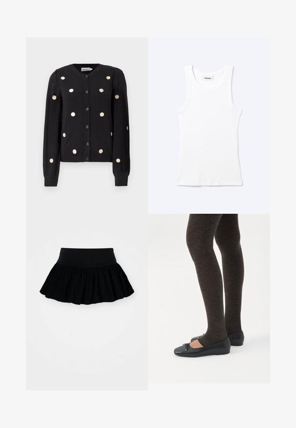 Cárdigan negro de botones con mangas largas, que presenta grandes lunares beige distribuidos uniformemente y puños y dobladillo acanalados.; Camiseta sin mangas blanca con textura de canalé, cuello redondo y una pequeña etiqueta que dice "WEEKDAY" en el interior del cuello.; Falda negra acampanada con tejido fruncido y texturizado y una cinturilla ancha. Diseño simple, sin patrones ni herrajes presentes.; Piernas con leggings oscuros acanalados combinados con bailarinas negras que presentan pequeños detalles de lazo sobre un fondo blanco.