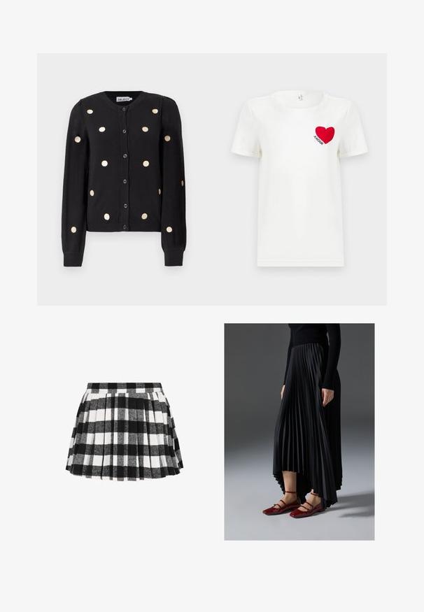 Sort, knaplukket cardigan med lange ærmer, der har jævnt fordelte store beige prikker samt ribbet manchetter og kant.; Hvid T-shirt med korte ærmer, prydet med et rødt hjerte og ordet "AMOUR" trykt på venstre bryst.; Blandet sort og hvidt ternet nederdel med plisseringer, lavet af et blødt tekstilmateriale med en struktureret overflade og en tætsiddende talje.; Sort plisseret nederdel med en høj-lav kant, parret med glansfulde røde flade sko med en remdesign. Stoffet har en glat overflade.