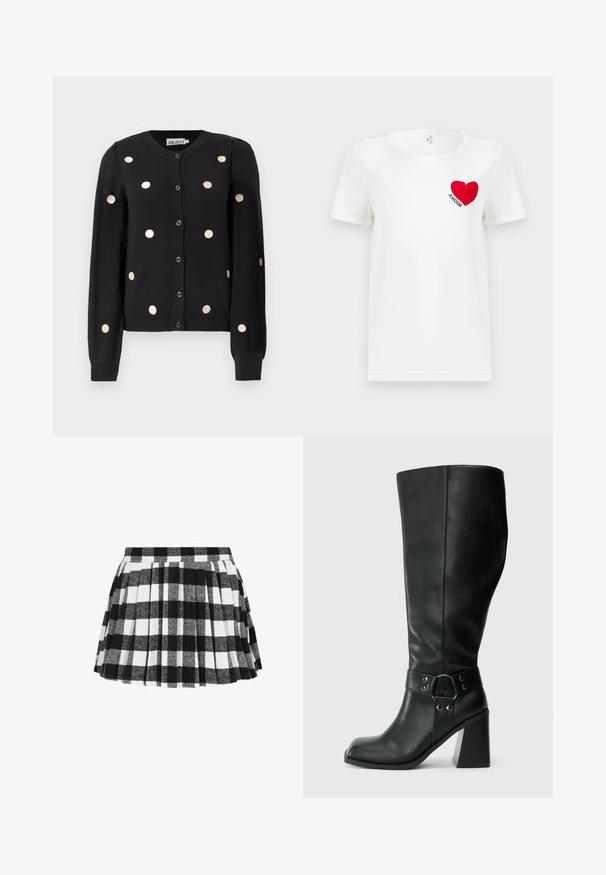 Sort, knaplukket cardigan med lange ærmer, der har jævnt fordelte store beige prikker samt ribbet manchetter og kant.; Hvid T-shirt med korte ærmer, prydet med et rødt hjerte og ordet "AMOUR" trykt på venstre bryst.; Blandet sort og hvidt ternet nederdel med plisseringer, lavet af et blødt tekstilmateriale med en struktureret overflade og en tætsiddende talje.; Knæhøje sorte læderstøvler med firkantet tå, bred hæl og en dekorativ rem med metalaccenter omkring anklen. Glat tekstur.