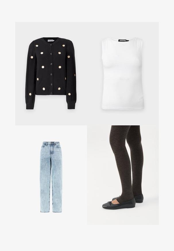 Cardigan noir à boutonnière avec manches longues, présentant de grands pois beiges espacés uniformément et des poignets et un hem côtelés.; T-shirt blanc sans manches à col rond avec une étiquette de marque noire « DENIM » au niveau de l'encolure, présenté sur un fond uni.; Jean taille haute en denim bleu clair délavé, coupe droite, bouton et fermeture éclair à l’avant, poches avant.; Jambes portant des leggings côtelés foncés associés à des ballerines noires avec de petits détails en nœud sur fond blanc.