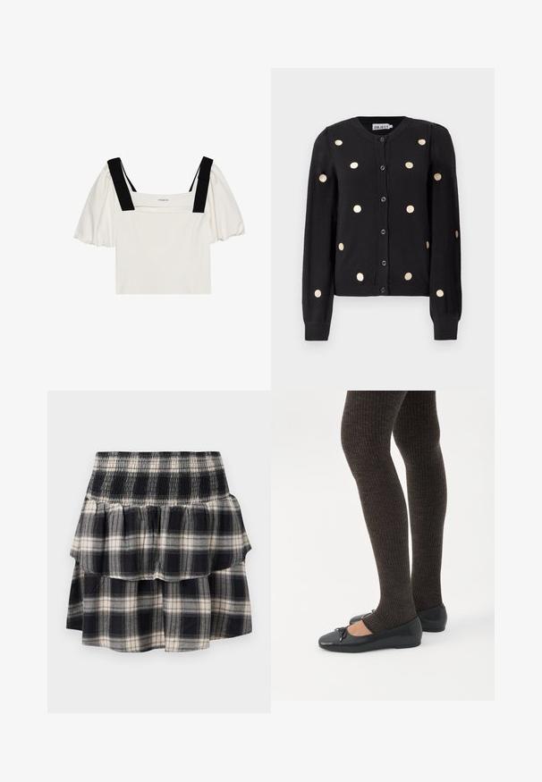 Cardigan noir à boutonnière avec manches longues, présentant de grands pois beiges espacés uniformément et des poignets et un hem côtelés.; Haut blanc à manches courtes avec des manches bouffantes, décolleté carré et bretelles noires. Tissu doux avec une forme légèrement structurée et un minimum de détails.; Jupe à volants à carreaux noir et blanc avec taille smockée. Avec des couches froncées et une texture douce en coton.; Jambes portant des leggings côtelés foncés associés à des ballerines noires avec de petits détails en nœud sur fond blanc.