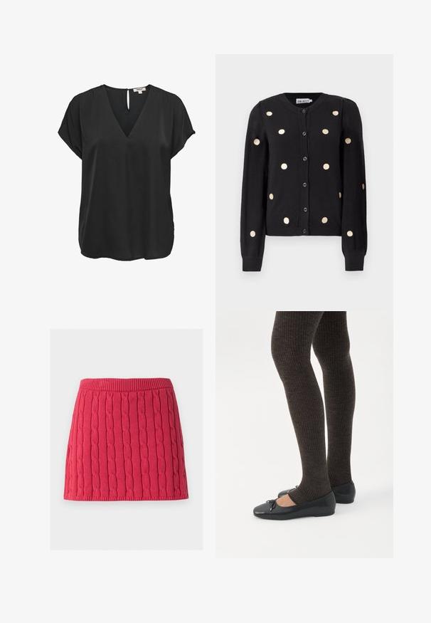 Sort, knaplukket cardigan med lange ærmer, der har jævnt fordelte store beige prikker samt ribbet manchetter og kant.; Sort kortærmet bluse med V-hals og knaplukning med nøglehul bagpå, løs pasform, lavet af glat stof.; Rødt strikket mininederdel med lodret kabelstrikket mønster og ribbet talje og kant mod en hvid baggrund.; Ben iført mørke ribbede leggings kombineret med sorte balletsko med små sløjfedetaljer på hvid baggrund.