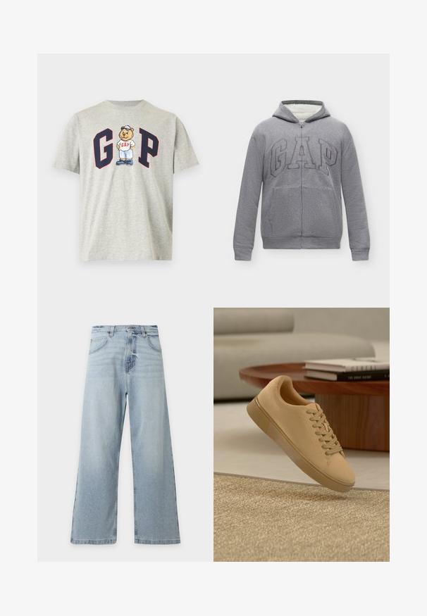Sweat à capuche gris zippé avec poche avant, capuche et grandes lettres embossées "GAP" sur la poitrine, doublé en polaire blanche à l’intérieur de la capuche.; T-shirt gris clair à manches courtes avec les lettres "G" et "P" bleu marine et rouge, avec un dessin animé d'ours portant une casquette, une chemise blanche et un short bleu au centre.; Jean bleu clair à jambes larges, taille haute, bouton et fermeture éclair devant, passants de ceinture, poches et léger effet délavé à la braguette.; Baskets beiges à lacets flottant au-dessus d'un tapis texturé avec une table basse en bois et des livres empilés en arrière-plan flou.