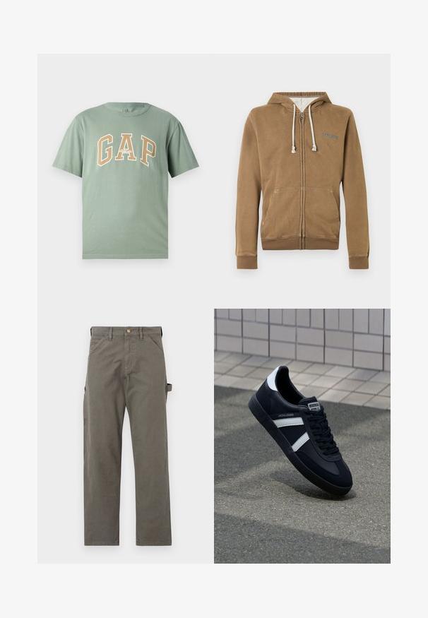 Hnedá mikina na zips s kapucňou so sivým lemom, predné vrecká, šnúrky a malé logo na ľavej strane hrudníka.; Zelené bavlnené tričko s veľkým bielym a béžovým logom "GAP". Krátke rukávy a okrúhly výstrih s hladkou textúrou.; Cargo nohavice v tmavo šedej bavlne s rovnými nohavicami, s bočnými vreckami a gombíkovým zapínaním v páse. Hladká textura, minimálne detaily.; Čierne kožené tenisky s bielymi pruhmi, textúrovanou gumovou podrážkou a šnurovaním vpredu. Obsahujú označenie značky na jazyku.