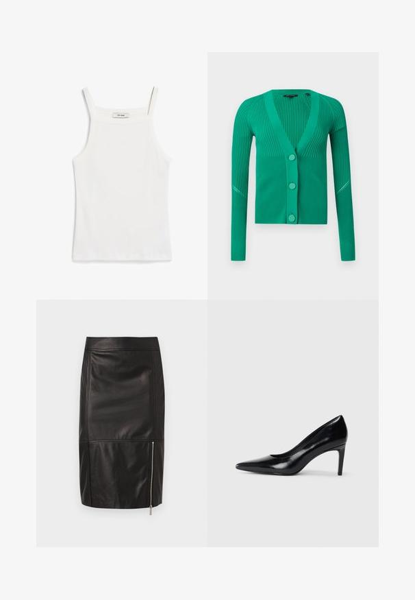 Groene geribde gebreide cardigan met lange mouwen en drie grote bijpassende knopen aan de voorkant, met een diepe V-hals.; Witte tanktop met dunne banden, gemaakt van ribkatoenen stof, met een rechte halslijn en een nette afwerking aan de zoom.; Zwarte leren rok tot op de knie met verticale en horizontale naaddetails en een zilveren rits aan de onderkant aan de rechterkant.; Zwarte leren hoge hak met een spitse neus, een gladde textuur en een tapse hak. Minimalistisch ontwerp, geen extra versieringen.