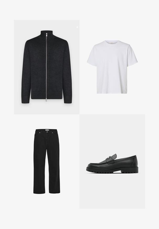 Jersey gris oscuro con cremallera completa, cuello alto, mangas largas y cremallera plateada en el centro delantero.; Camiseta blanca lisa de manga corta con cuello redondo, ajuste regular y textura de tela suave, presentada sobre un fondo blanco.; Vaqueros de mezclilla negra con corte recto, diseño de cinco bolsillos, detalles en hardware de cobre y una cinta de cintura resistente. Textura suave, estilo sin adornos.; Mocasines de cuero negro con punta redonda, que cuentan con un diseño cosido, suela de plataforma baja y una suela de goma texturada y con tacos.