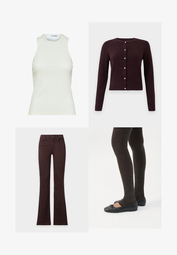 Bordeaux gebreide cardigan met een ronde halslijn, sluiting met zes doorzichtige knoppen aan de voorkant en lange mouwen. Zachte textuur.; Mouwloos wit geribd tanktop met ronde halslijn van Selected Femme, frontaanzicht zonder patronen of versieringen.; Donkerbruine bootcut-jeans met knoop- en ritssluiting, voor- en achterzakken, plat weergegeven op een effen witte achtergrond.; Benen met donkere geribbelde leggings gecombineerd met zwarte ballerina's met kleine strikdetails op een witte achtergrond.