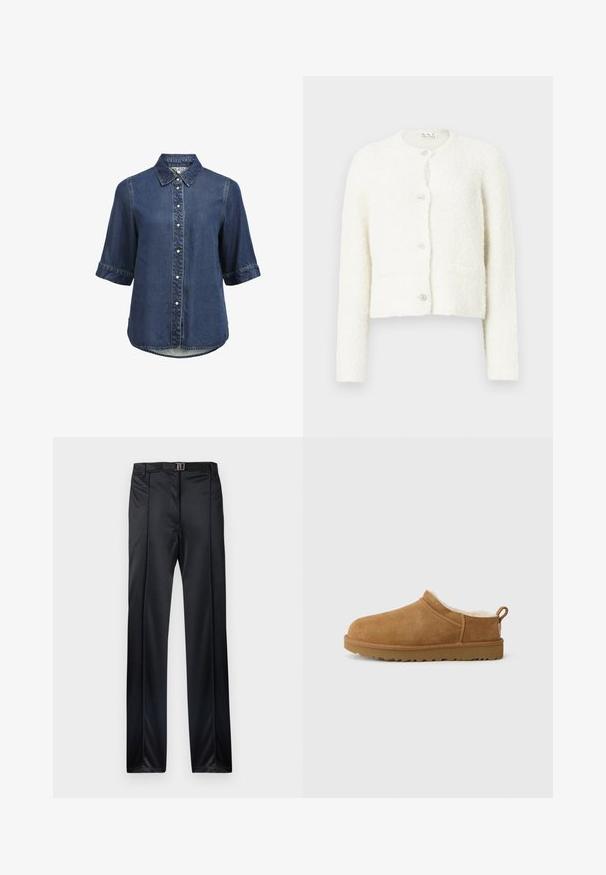 Cardigan blanc et duveteux à manches longues et col rond. Comprend cinq boutons décoratifs et deux poches avant. Texture douce.; Chemise en denim à manches courtes avec col, boutons-pression en forme de perles et ourlet légèrement arrondi.; Pantalon noir ajusté avec une finition lisse, pince devant, passants de ceinture, et une ceinture noire fine avec une boucle argentée à la taille.; Chaussure mocassin en suède marron avec une douillette doublure en fourrure blanche, semelle plate en caoutchouc, bout arrondi et petite languette au talon.