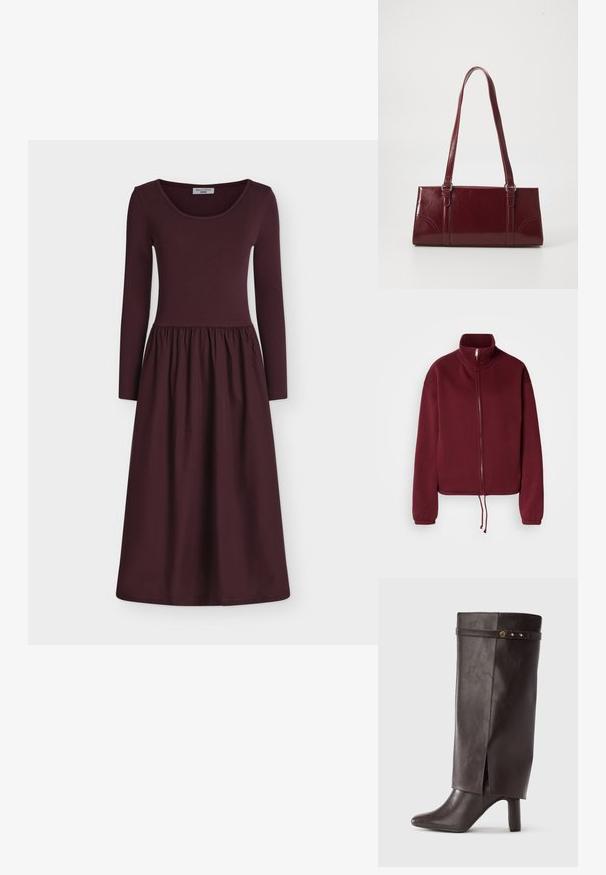 Μπλούζα με φερμουάρ burgundy, ψηλό γιακά, μακριά μανίκια και ελαστικό τελείωμα με κορδόνι. Διαθέτει λείο ύφασμα και ελαστικές μανσέτες.; Μακρυμάνικο midi φόρεμα σε σκούρο μπορντό χρώμα, με εφαρμοστή ριμπ ζώνη και φούστα με πιέτες, στρογγυλή λαιμόκοψη, απεικονισμένο σε απλό φόντο.; Καφέ δερμάτινη μπότες μέχρι το γόνατο με μυτερή μύτη, χοντρό τακούνι και διπλωμένο πάνω μέρος που στερεώνεται με διακοσμητικό λουρί με χρυσές λεπτομέρειες.; Μπορντό τσάντα ώμου από γυαλιστερό υλικό, ορθογώνιο σχήμα, με δύο ιμάντες ώμου και λεπτές καμπύλες λεπτομέρειες στο μπροστινό μέρος.