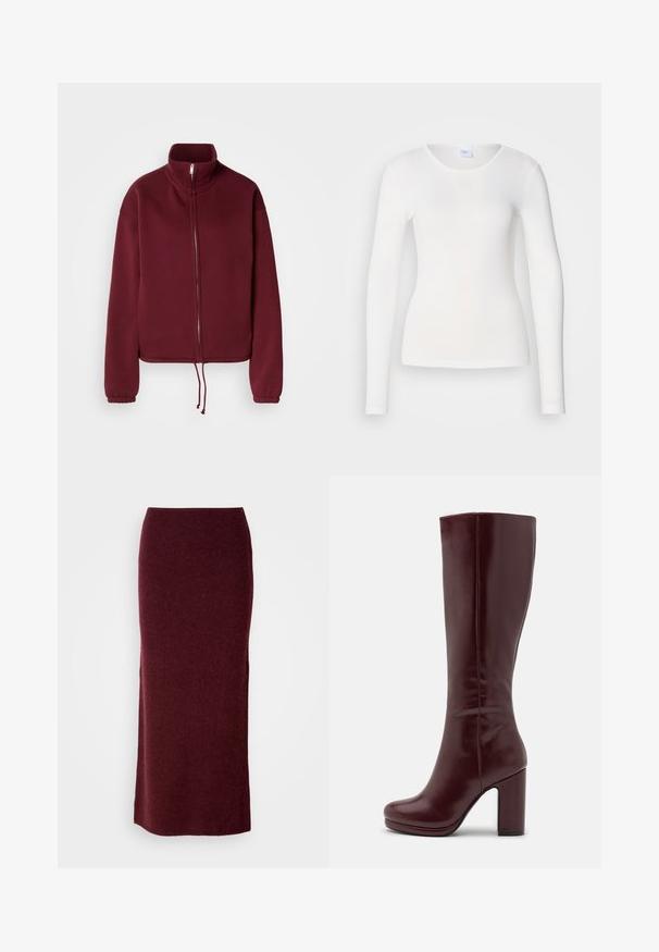 Bordeauxfarvet sweatshirt med lynlås, høj krave, lange ærmer og snørre i kanten. Har glat tekstur og elastiske ærmekanter.; Hvid langærmet skjorte lavet af et blødt, glat stof; har en rund halsudskæring og en tætsiddende facon uden mønstre eller pynt.; Bordeaux uld maxi nederdel med en tætsiddende silhuet, glat tekstur og lige kant. Ingen synlige lukninger eller udsmykninger.; Anna Field by Zalando Højhælede støvler - red