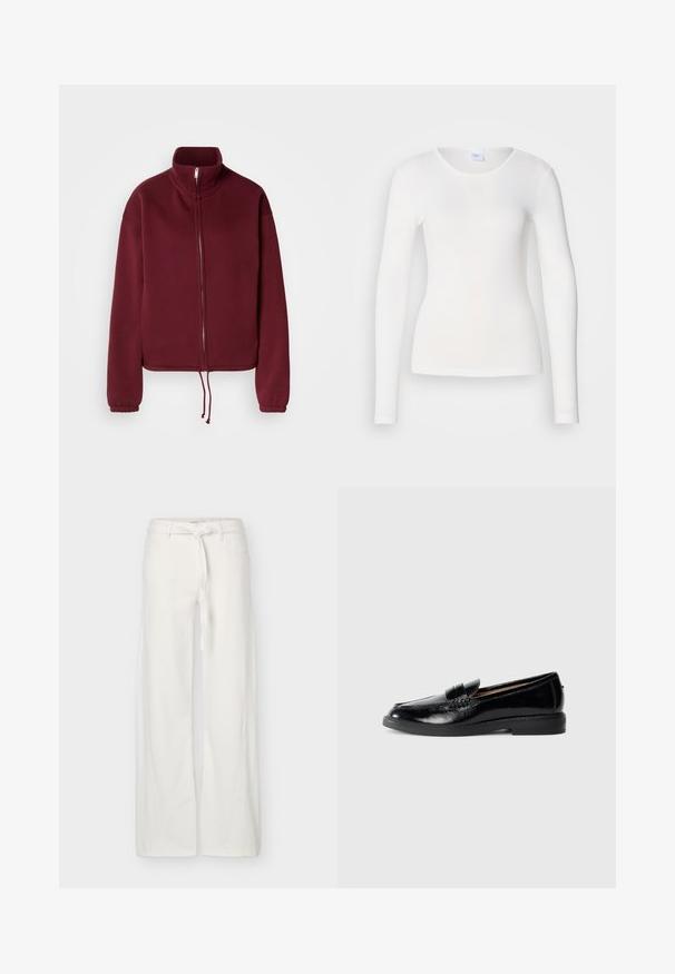 Sweat-shirt bordeaux à fermeture éclair avec un col montant, des manches longues et un ourlet à cordon de serrage. Présente une texture lisse et des poignets élastiques.; Chemise blanche à manches longues en tissu doux et lisse ; présente un col rond et une coupe ajustée, sans motifs ni embellissements.; Pantalon blanc à jambes larges avec poches avant et ceinture en tissu nouée à la taille, présenté sur un fond uni.; Mocassin en cuir noir verni avec bout arrondi, talon bas, sangle décorative et semelle lisse sur un fond gris clair uni.