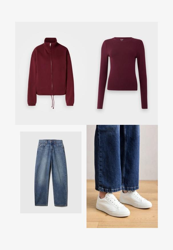 Bordeauxfarvet sweatshirt med lynlås, høj krave, lange ærmer og snørre i kanten. Har glat tekstur og elastiske ærmekanter.; Langærmet, bordeaux fitted crew neck skjorte med enkelt design og ingen synlige mønstre eller logoer, vist på hvid baggrund.; Blå denim jeans med en afslappet pasform, der har fem lommer, kobbernitter og en fadet vask. Lige ben med en ren kant.; Hvide lædersneakers med en tekstureret overflade og flade gummisåler, der har et lavt design og seks snørrehuller. Båret sammen med blå denim.