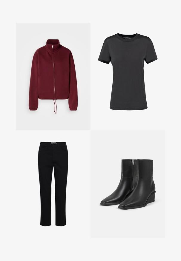 Bordeauxfarvet sweatshirt med lynlås, høj krave, lange ærmer og snørre i kanten. Har glat tekstur og elastiske ærmekanter.; Sort kortærmet t-shirt lavet af glat stof. Har en rund halsudskæring uden synlige mønstre eller detaljer, hvilket giver et enkelt design.; Sorte bomuldsbukser designet med lige pasform. Har fem lommer og en frontknaplukning. Glat tekstur, minimale syninger.; Par sorte læderankelstøvler med spidse tæer, kilehæle og sidelukkede lynlåse på en ensartet lys baggrund.