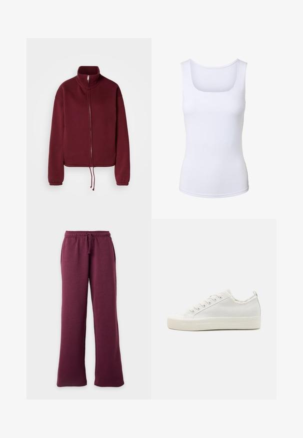 Sweat-shirt bordeaux à fermeture éclair avec un col montant, des manches longues et un ourlet à cordon de serrage. Présente une texture lisse et des poignets élastiques.; Débardeur blanc sans manches avec un col carré, une silhouette ajustée et une texture de tissu lisse.; Pantalon de survêtement bordeaux à jambes larges avec ceinture élastique et cordon, poches avant, présenté sur un fond clair uni.; Baskets en toile blanches avec une tige texturée, bout rond, semelle plate et laçage à l'avant. Présentent un col légèrement effiloché et une languette.